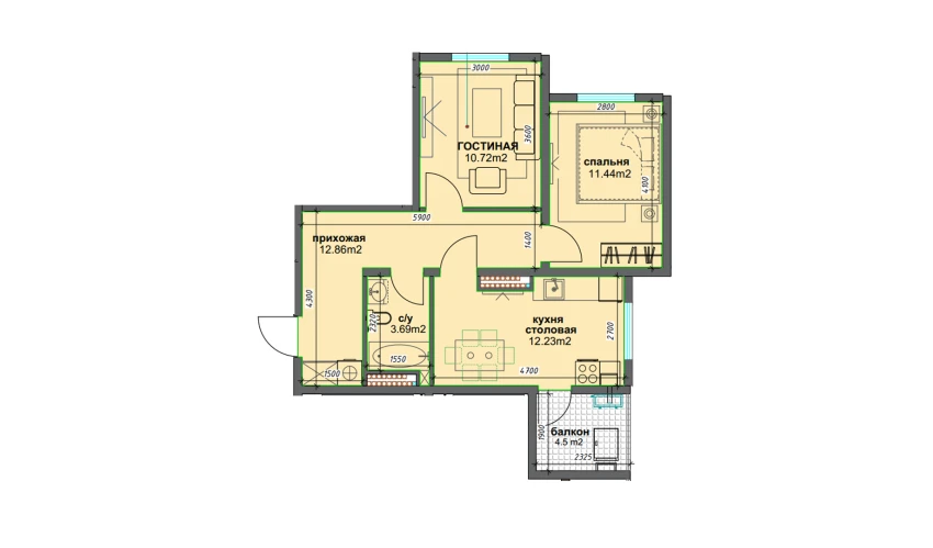 2-комнатная квартира 53.19 м²  7/16 этаж | Жилой комплекс BASHKENT