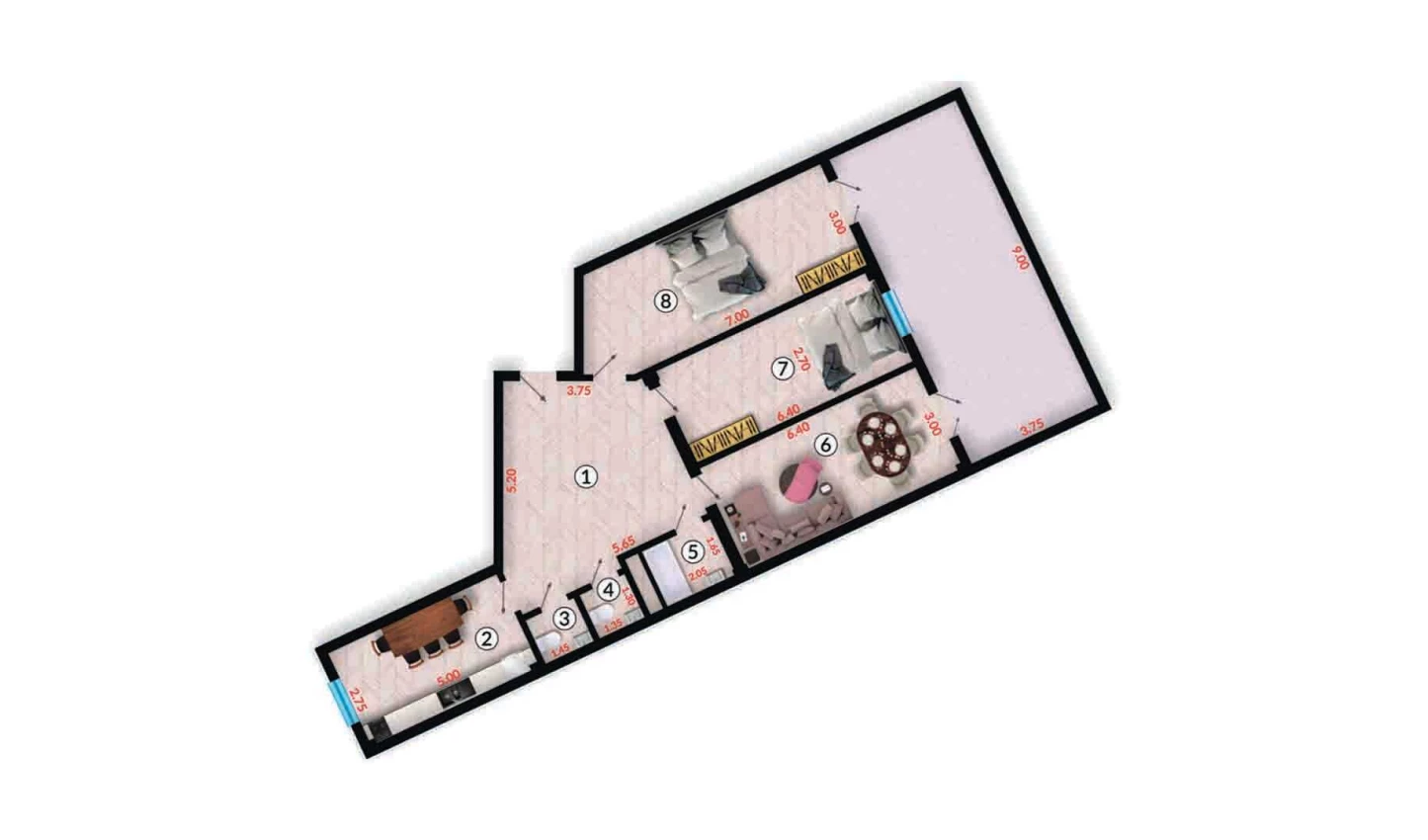 3-xonali xonadon 109.2 m²  5/10 qavat | Ko'kcha-Oqtepa Turar-joy majmuasi