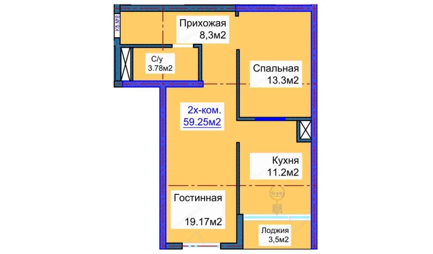 2-xonali xonadon 59.25 m²  14/16 qavat | ELITE ECO CITY Turar-joy majmuasi