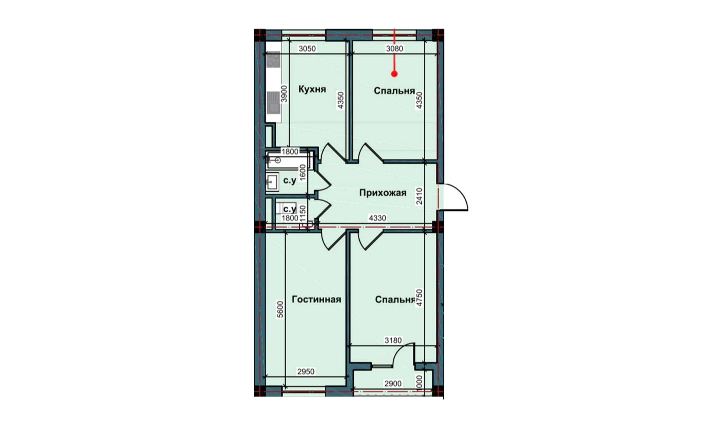 3-xonali xonadon 77.8 m²  3/9 qavat | NUR BARAKA Turar-joy majmuasi