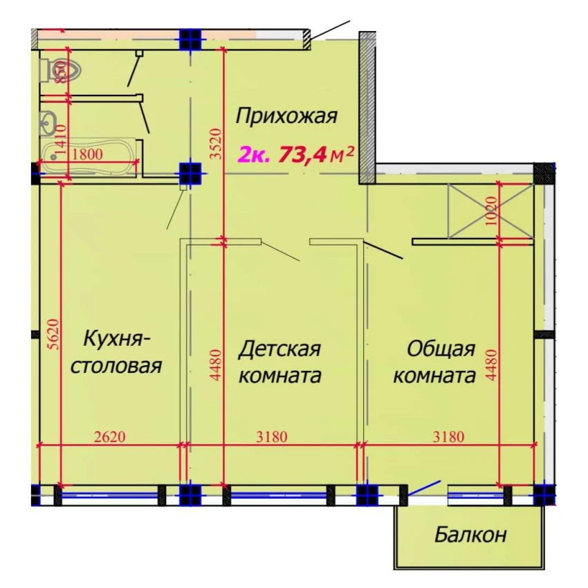 2-xonali xonadon 73.4 m²  3/9 qavat | VATAN Turar-joy majmuasi