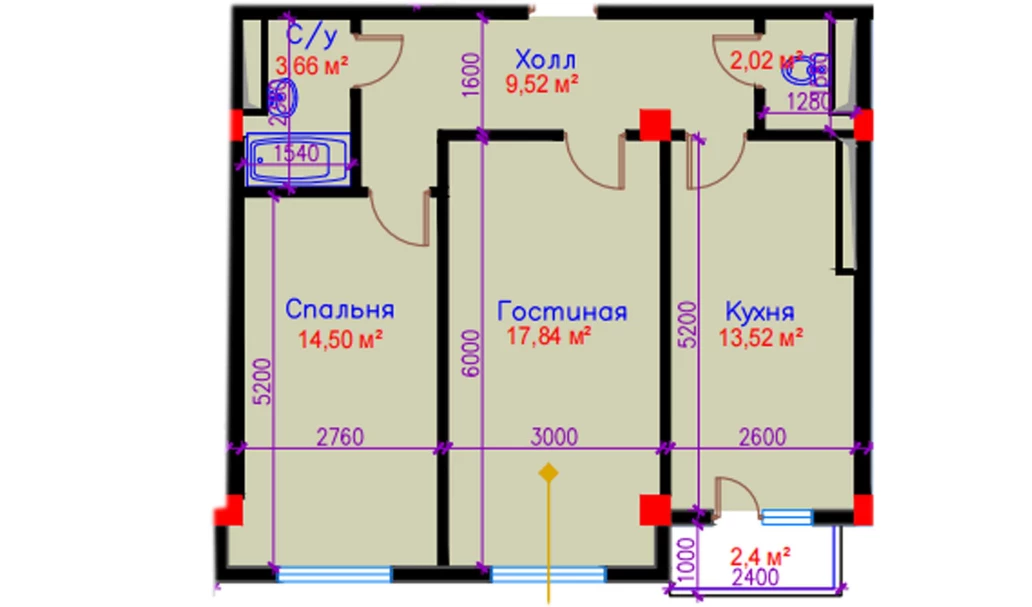 2-xonali xonadon 64.26 m²  5/10 qavat | Ko'kcha-Oqtepa Turar-joy majmuasi