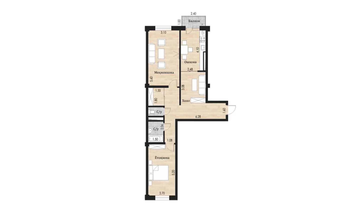 2-xonali xonadon 76.14 m²  4/10 qavat | Ko'kcha-Oqtepa Turar-joy majmuasi