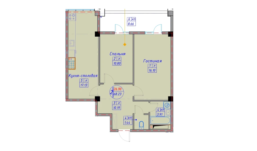 2-комнатная квартира 74.31 м²  1/12 этаж | Жилой комплекс SPUTNIK AVENUE