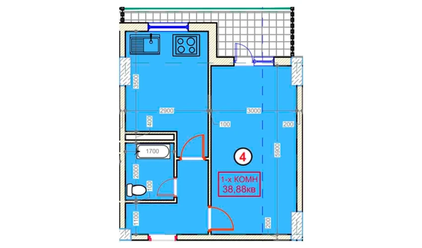 1-комнатная квартира 38.88 м²  2/9 этаж | Жилой комплекс XUMO