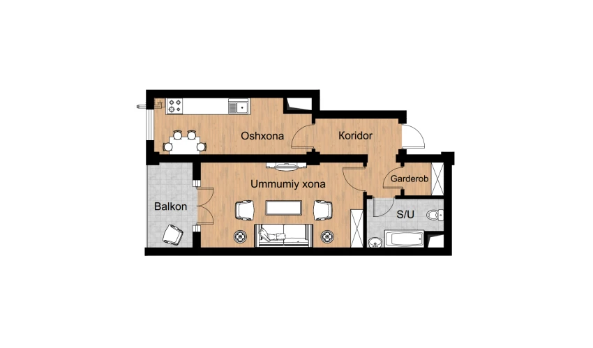 1-xonali xonadon 52.96 m²  15/16 qavat | Musaffo Turar-joy majmuasi