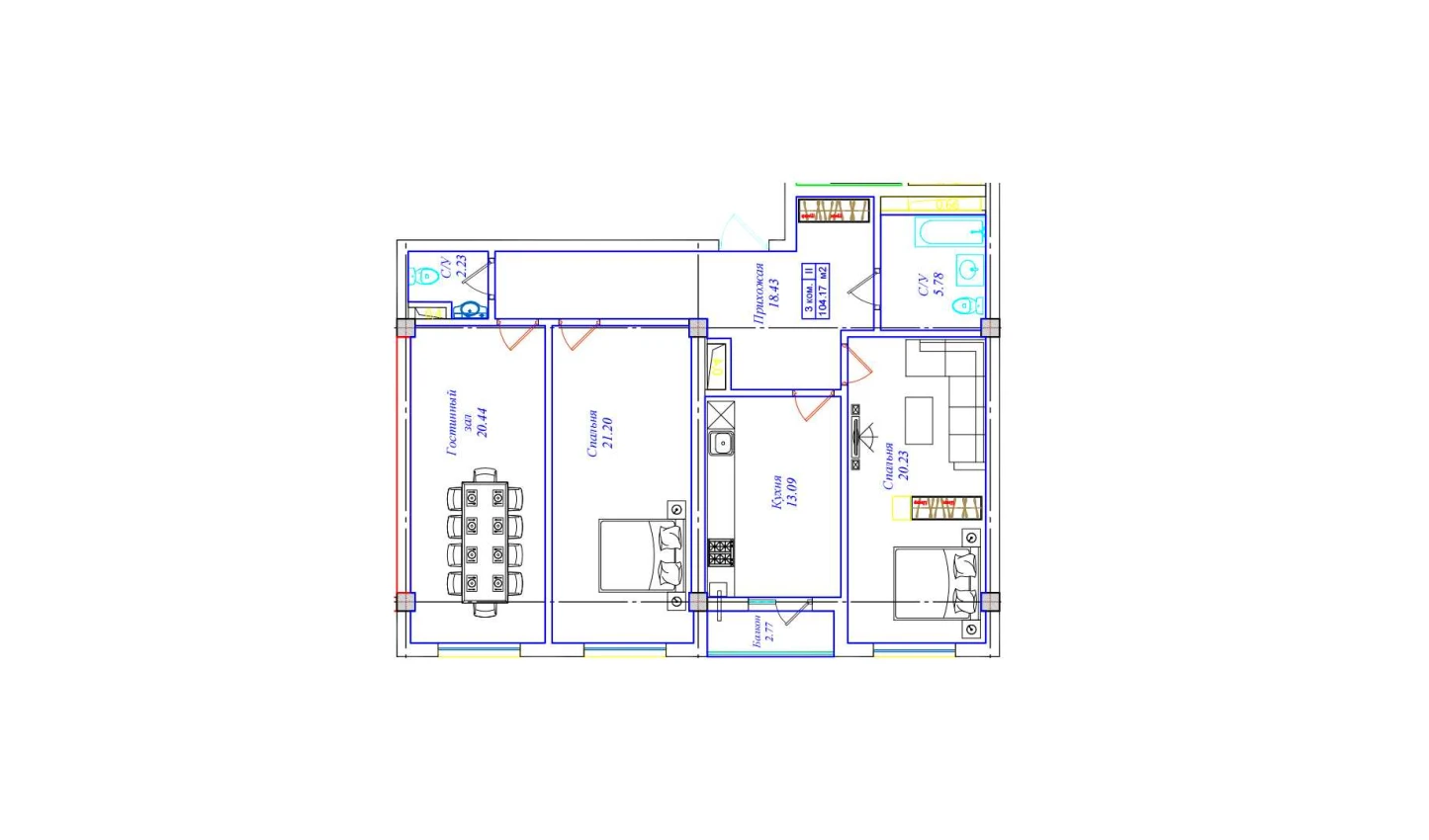 3-комн. квартира 104.17 м²  5/9 этаж | Жилой комплекс UCHTEPA CITY