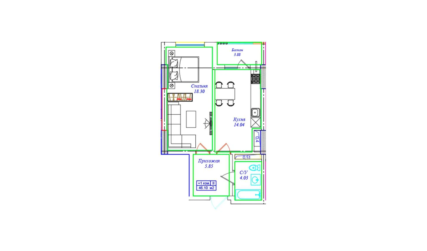 1-комн. квартира 46.1 м²  14/17 этаж | Жилой комплекс UCHTEPA CITY