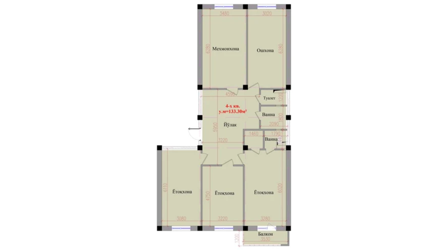 4-xonali xonadon 133.3 m²  4/8 qavat | Saxro Turar-joy majmuasi