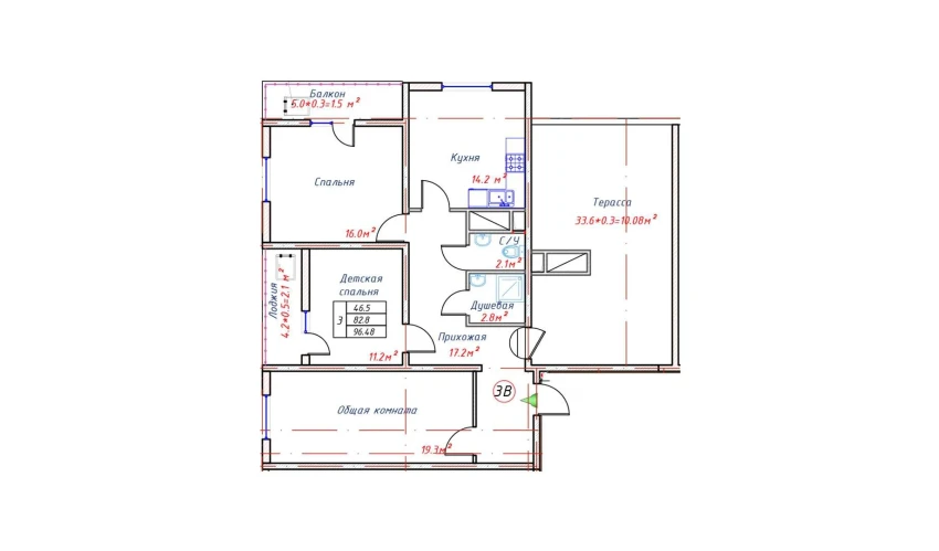 3-комнатная квартира 96.48 м²  16/16 этаж | Жилой комплекс TRINITY