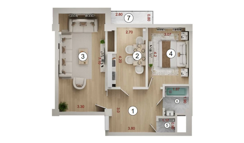 2-xonali xonadon 63.65 m²  15/16 qavat | ISLOMOBOD Turar-joy majmuasi