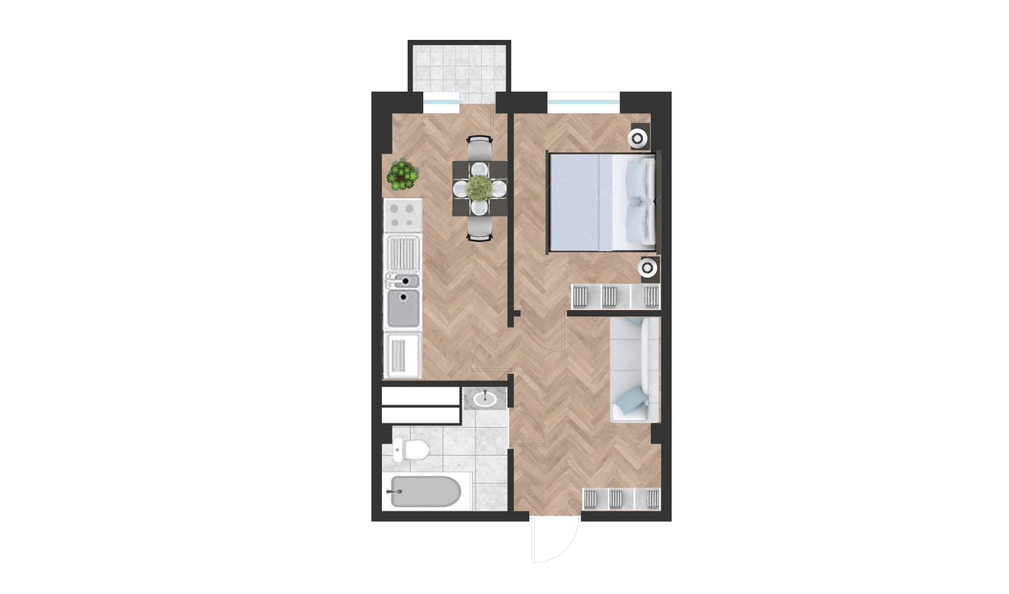 1-xonali xonadon 41.44 m²  4/10 qavat | Ko'kcha-Oqtepa Turar-joy majmuasi