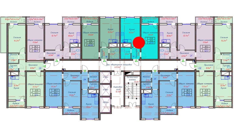 1-xonali xonadon 40.55 m²  6/16 qavat | TRINITY Turar-joy majmuasi