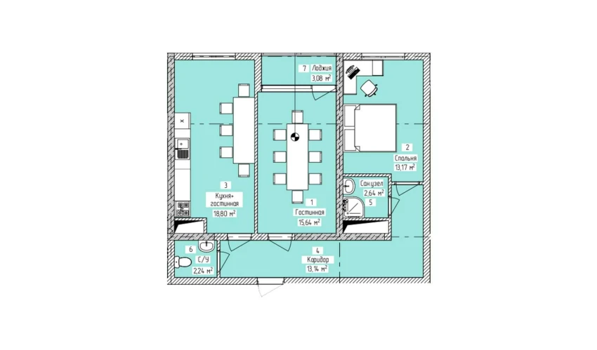 3-xonali xonadon 68.71 m²  9/16 qavat | ELITE ECO CITY Turar-joy majmuasi