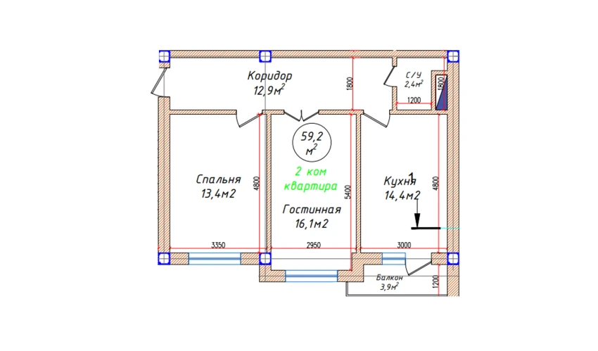 2-xonali xonadon 59.2 m²  3/5 qavat | Oq mahalla Turar-joy majmuasi