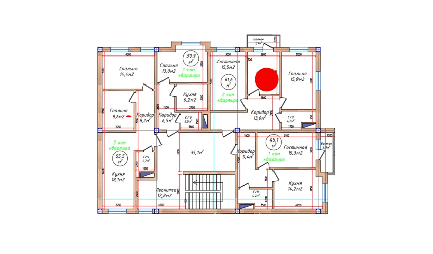 2-xonali xonadon 61.6 m²  5/5 qavat | Oq mahalla Turar-joy majmuasi