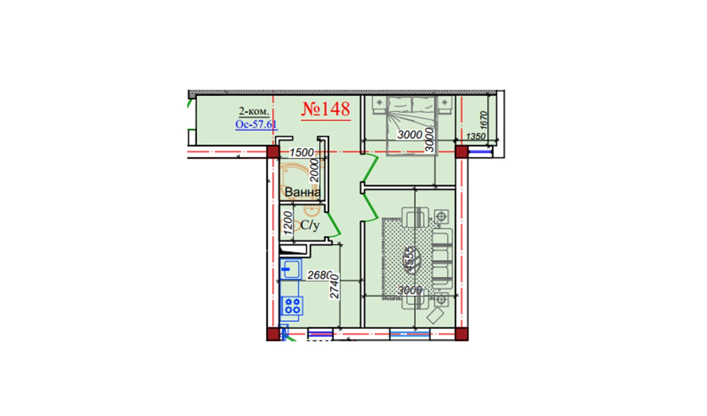 2-комн. квартира 57.61 м²  9/9 этаж | Жилой комплекс ZAR ZAMONAVIY UYLAR