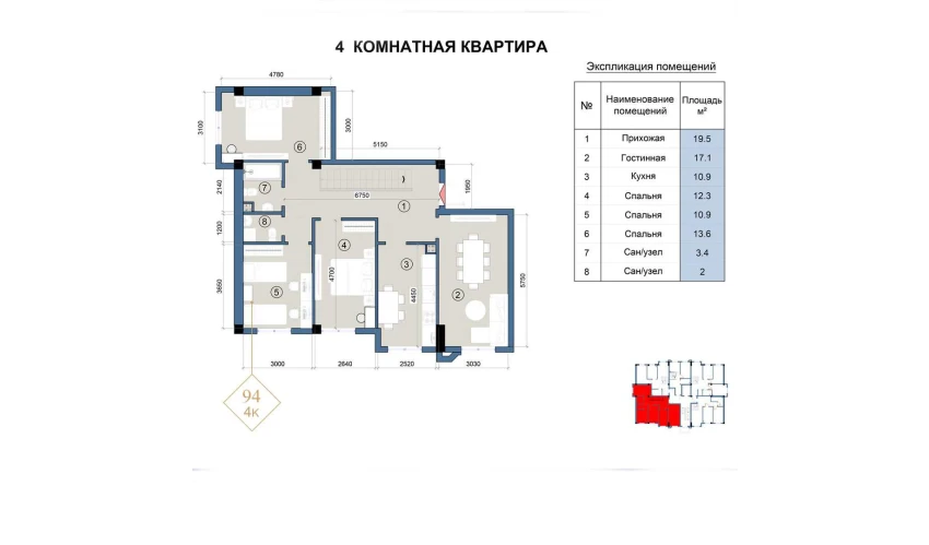 4-комнатная квартира 184 м²  1/9 этаж | Жилой комплекс FLORYA RESIDENCE