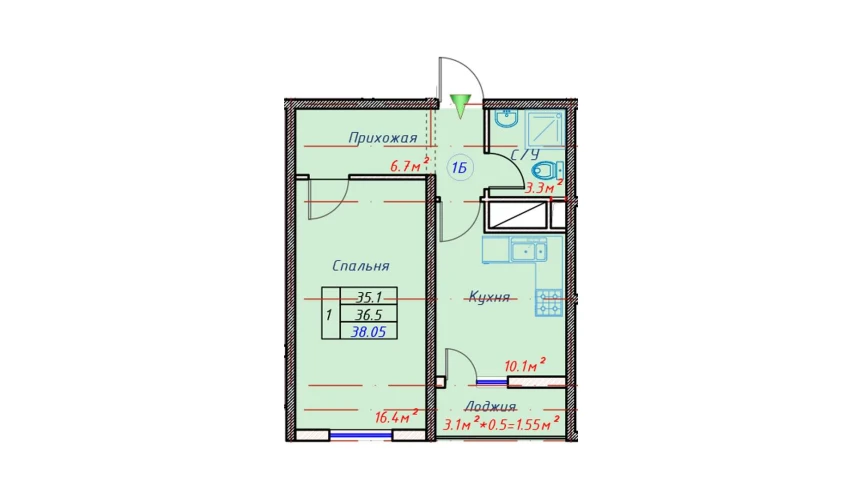 1-комнатная квартира 38.05 м²  15/16 этаж | Жилой комплекс TRINITY