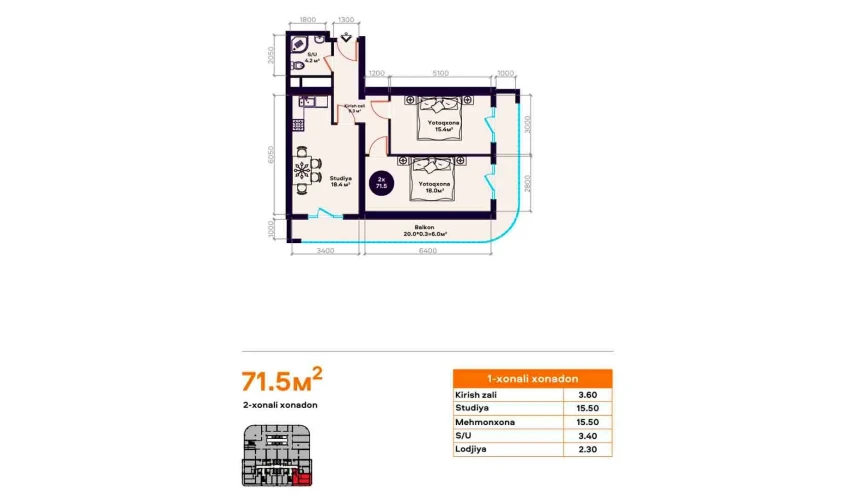 2-комнатная квартира 71.5 м²  2/22 этаж | Жилой комплекс TXT Tower