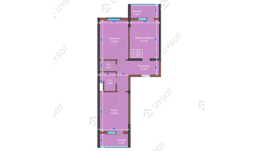 2-xonali xonadon 66 m²  2/9 qavat | NUR HAYAT Turar-joy majmuasi