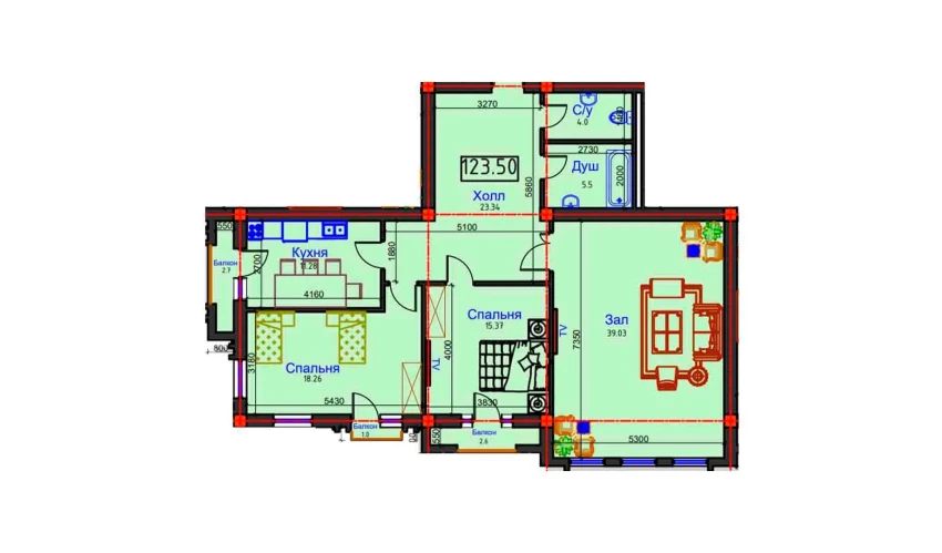 3-комнатная квартира 123.5 м²  7/8 этаж | Жилой комплекс BAHOR
