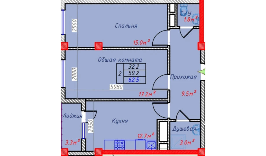 2-комнатная квартира 62.5 м²  4/9 этаж | Жилой комплекс Hakimi Towers