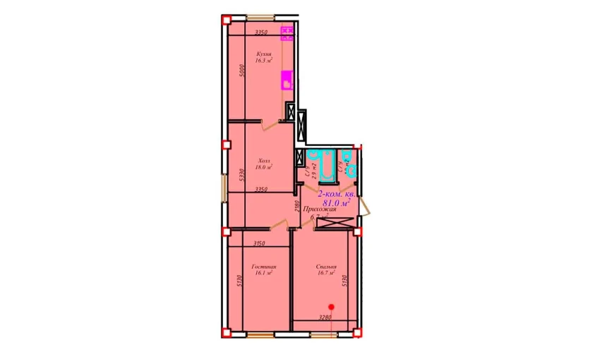 2-xonali xonadon 81 m²  1/7 qavat | CHIRCHIQ CITY Turar-joy majmuasi