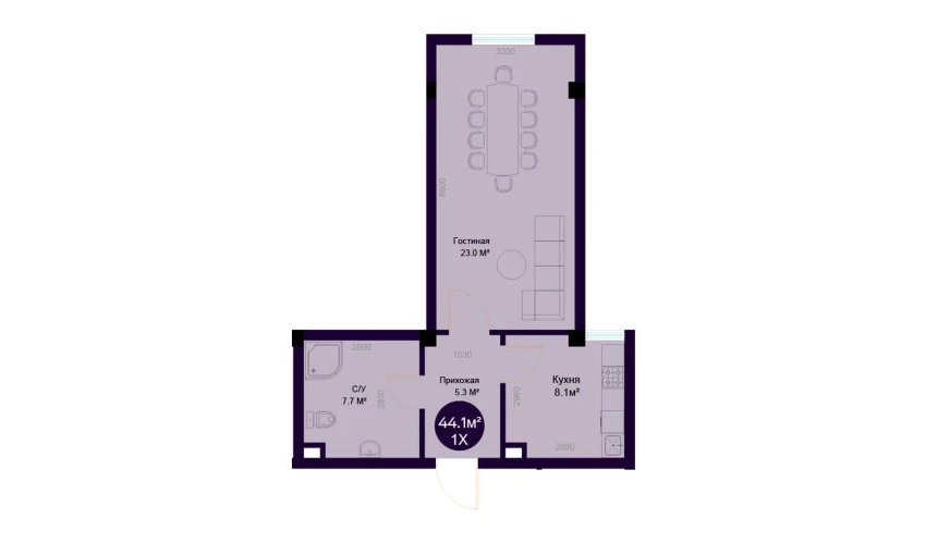 1-xonali xonadon 44.1 m²  1/7 qavat | Minor Turar-joy majmuasi