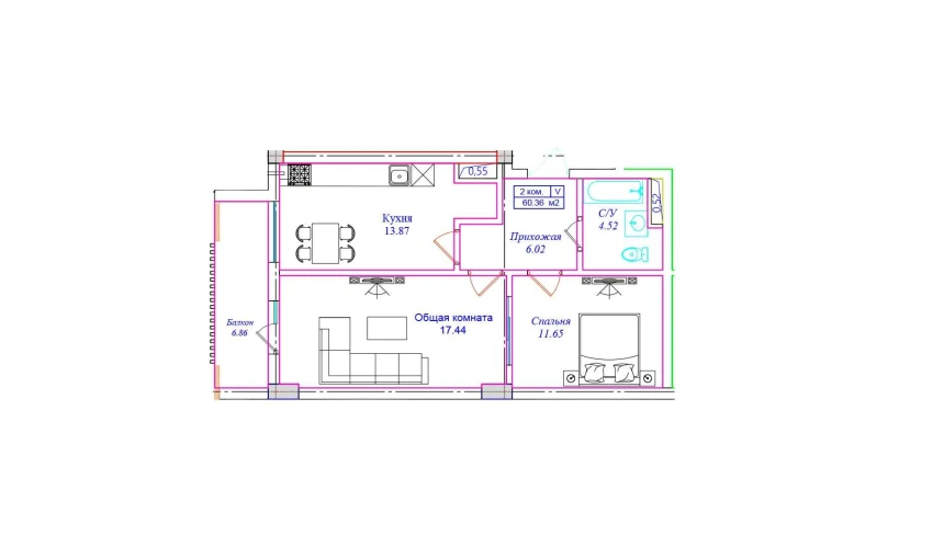 2-xonali xonadon 60.36 m²  2/8 qavat | UCHTEPA CITY Turar-joy majmuasi