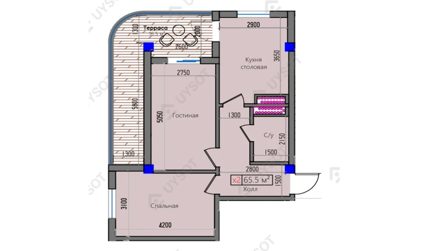 2-xonali xonadon 65.5 m²  2/16 qavat | Park Avenue Turar-joy majmuasi