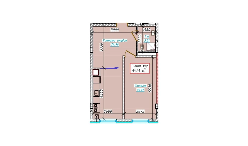 1-xonali xonadon 44.44 m²  2/9 qavat | Aero Town Turar-joy majmuasi