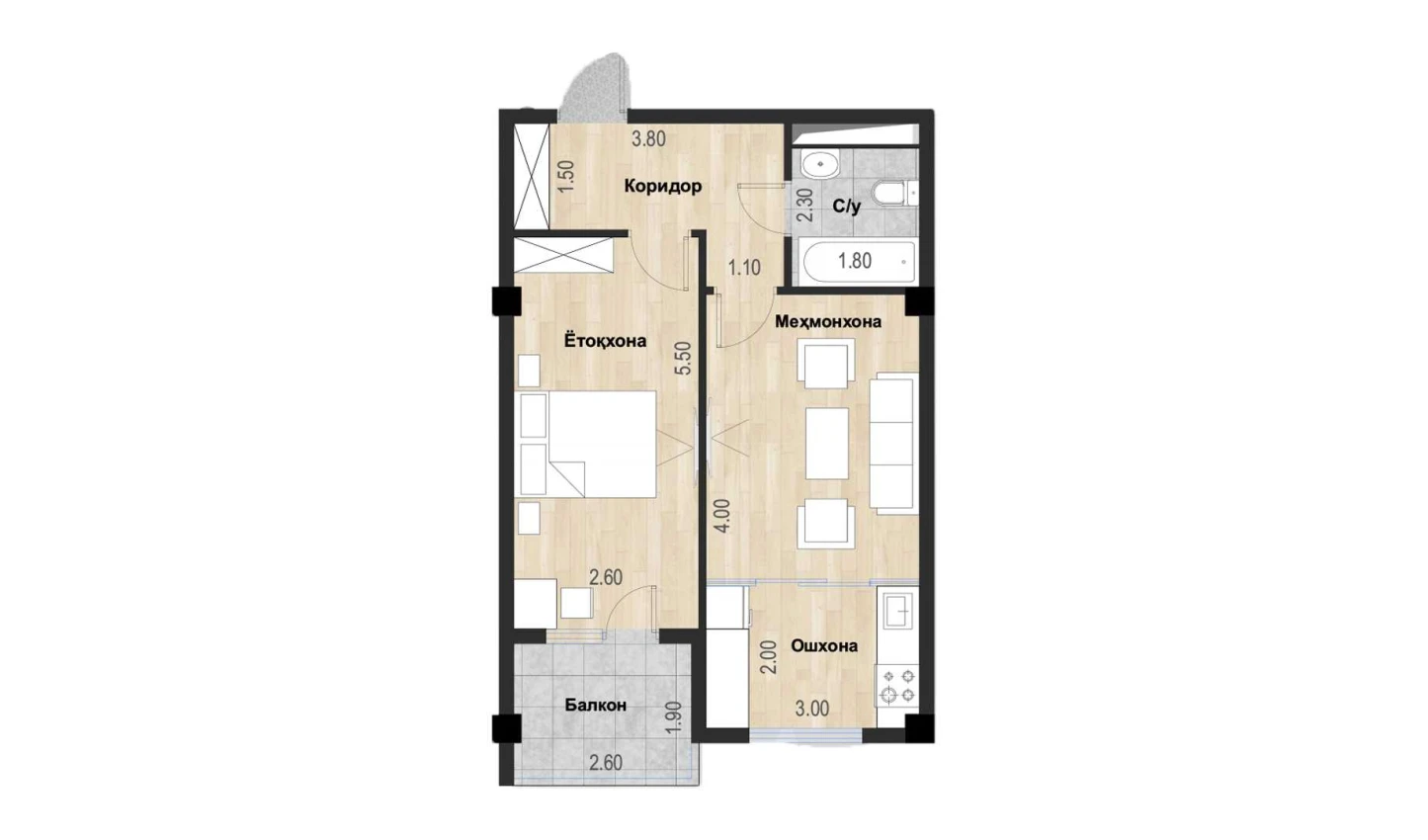 2-комн. квартира 47.8 м²  3/7 этаж | Жилой комплекс Bochka Resort