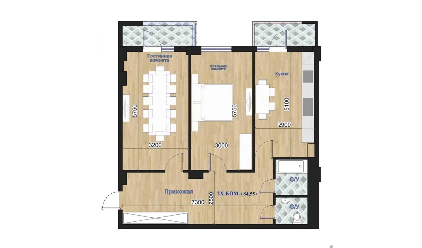 2-комнатная квартира 84.55 м²  5/7 этаж | Жилой комплекс O'ZBEGIM