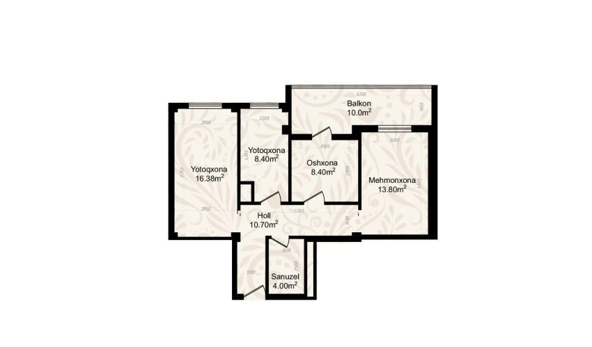 3-комнатная квартира 77 м²  6/8 этаж | Жилой комплекс YASHIL VODIY RESIDENCE