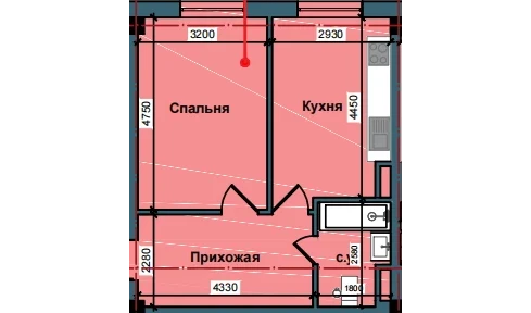 1-xonali xonadon 43.8 m²  2/9 qavat | NUR BARAKA Turar-joy majmuasi