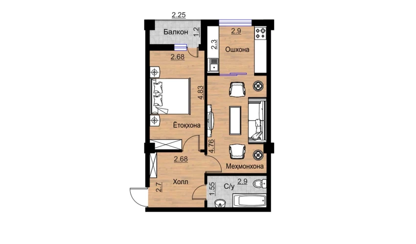 2-xonali xonadon 53.34 m²  13/16 qavat | BRILLIANT Turar-joy majmuasi