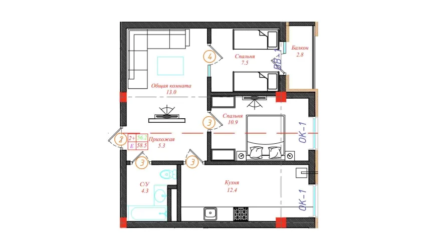 2-комнатная квартира 58.5 м²  3/12 этаж | Жилой комплекс CHINARA PARK