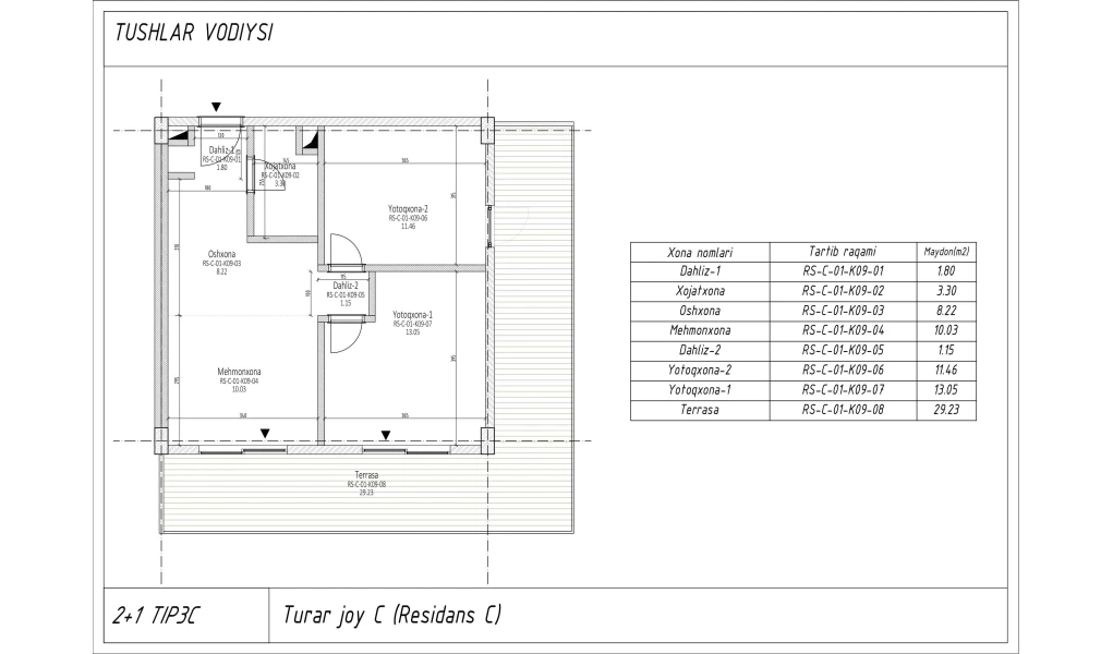 3-xonali xonadon 57.78 m²  1/7 qavat | TUSHLAR VODIYSI Turar-joy majmuasi