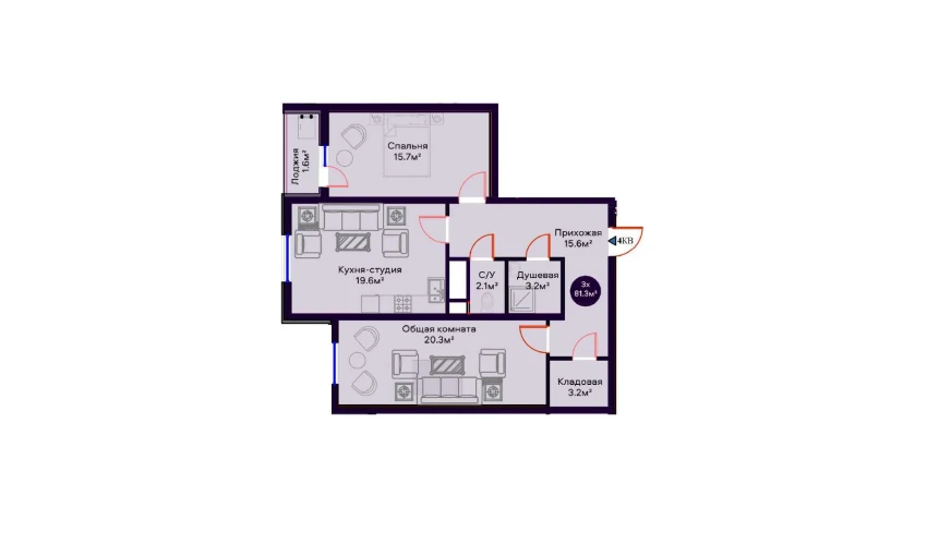 3-xonali xonadon 81.3 m²  14/16 qavat | Crystal Avenue Turar-joy majmuasi