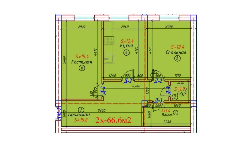2-xonali xonadon 66.6 m²  1/6 qavat | Sohil bo'yi Turar-joy majmuasi