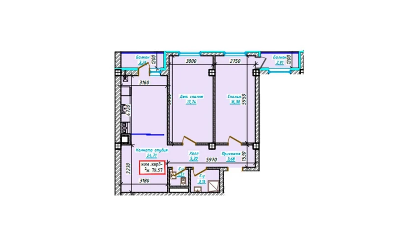 3-xonali xonadon 78.57 m²  8/9 qavat | Aero Town Turar-joy majmuasi