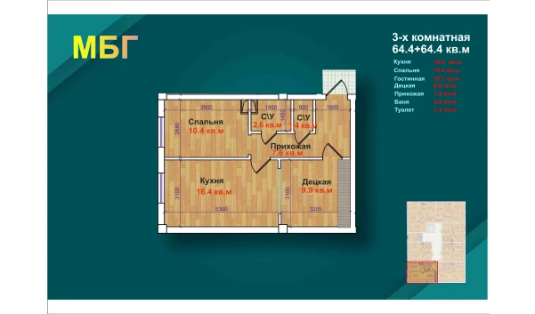 3-комнатная квартира 128.8 м²  1/9 этаж | Жилой комплекс MBG