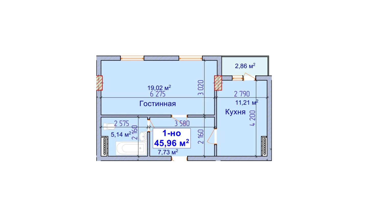 1-комн. квартира 45.96 м²  4/9 этаж | Жилой комплекс SHAYX-UL OLAM
