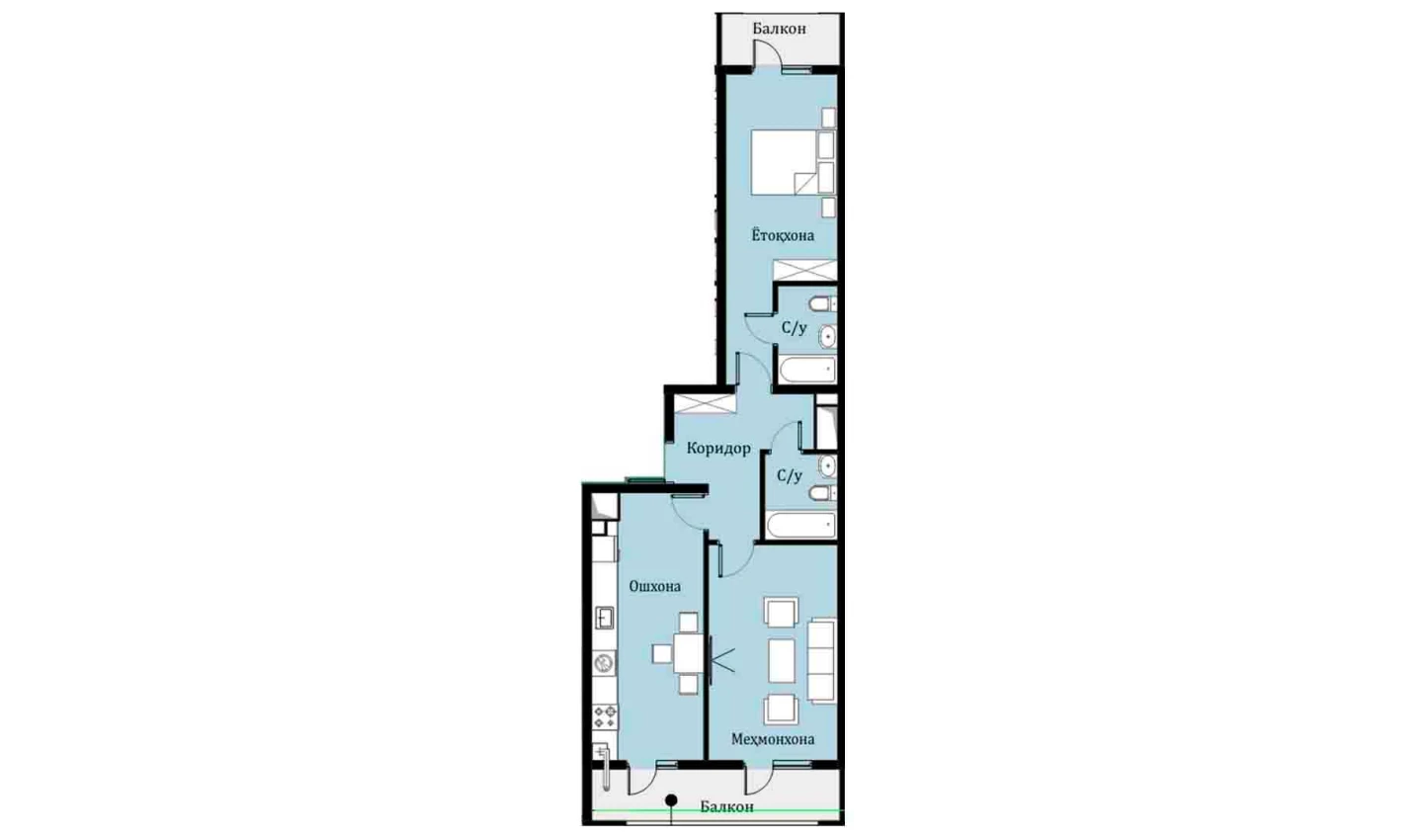 2-комн. квартира 63.99 м²  8/16 этаж | Жилой комплекс SOKIN DIYOR