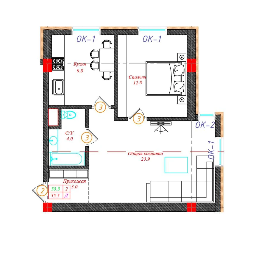 2-xonali xonadon 55.5 m²  1/12 qavat | CHINARA PARK Turar-joy majmuasi
