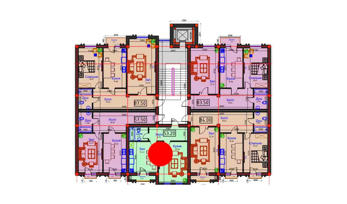 1-xonali xonadon 53.2 m²  4/9 qavat | BAHOR Turar-joy majmuasi