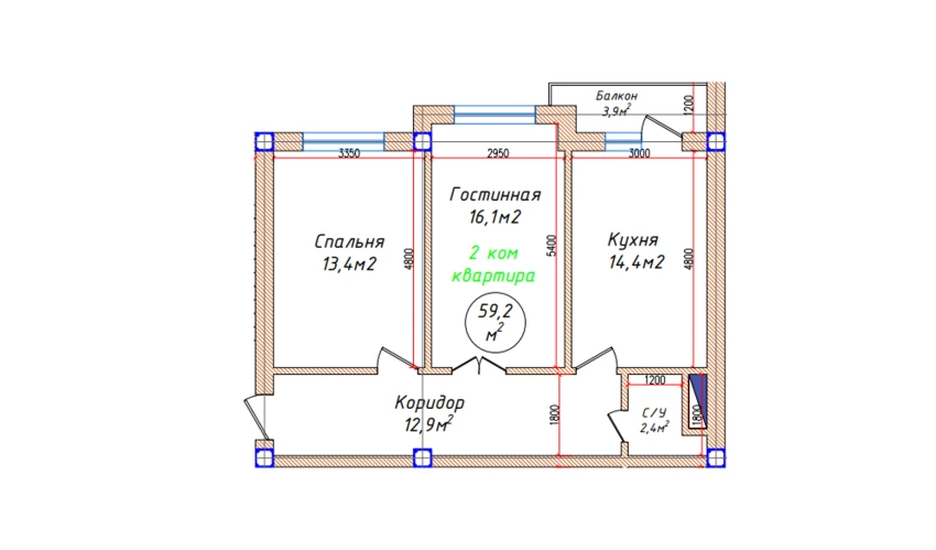 2-комнатная квартира 59.2 м²  2/5 этаж | Жилой комплекс Oq mahalla