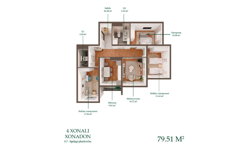 4-комнатная квартира 79.51 м²  12/16 этаж | Жилой комплекс BASHKENT