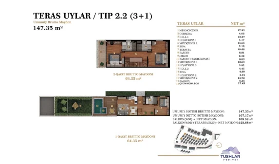 4-комнатная квартира 125.68 м²  4/4 этаж | Жилой комплекс TUSHLAR VODIYSI